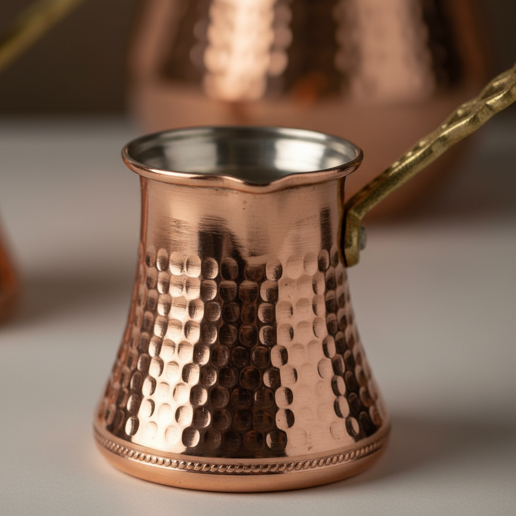 Hammered copper Kervan small cezve macro texture detail