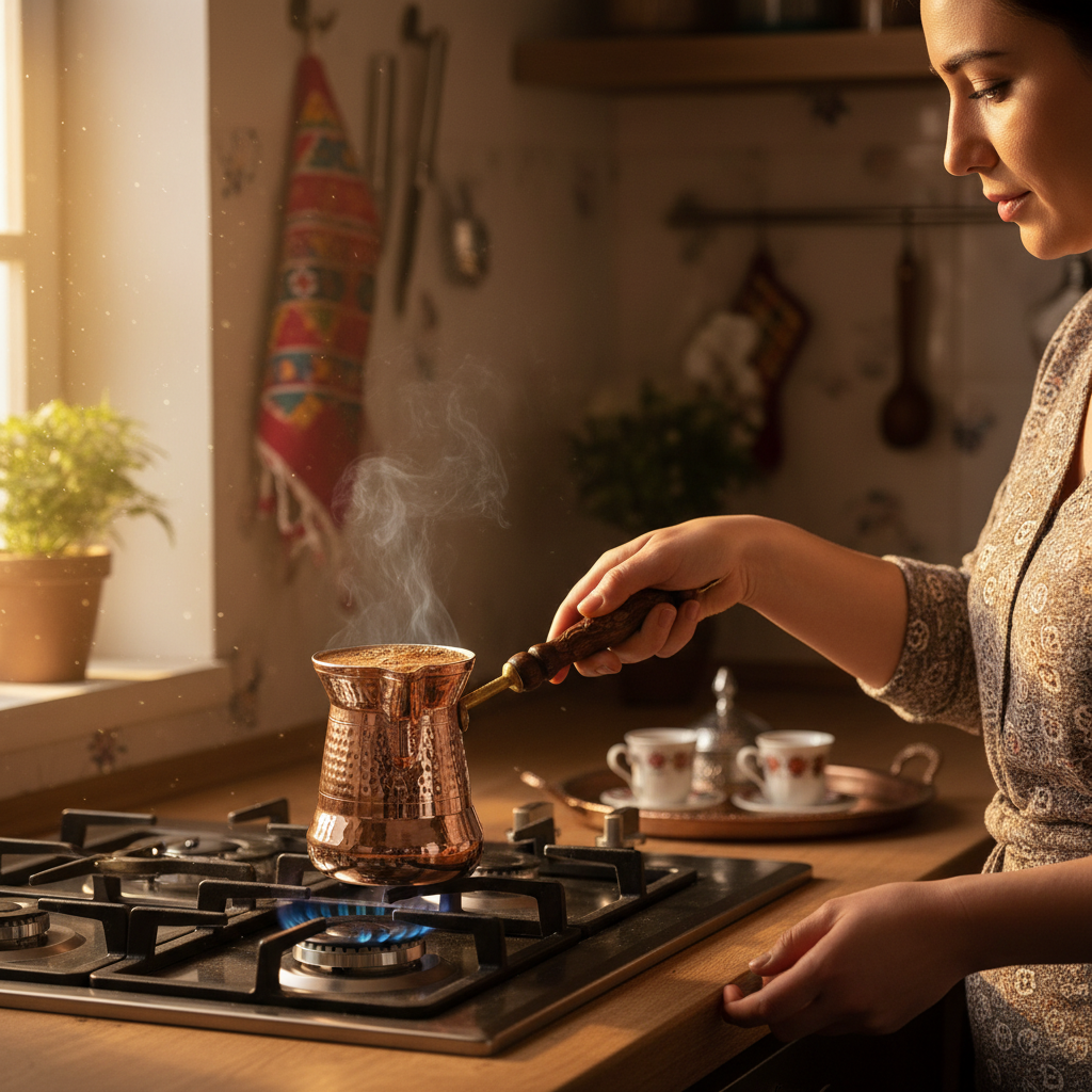 Woman holding Sultan 550ml copper cezve