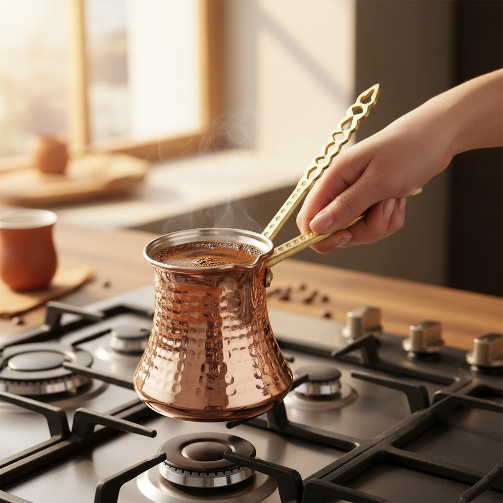 Person holding hammered copper Kervan small cezve on stovetop