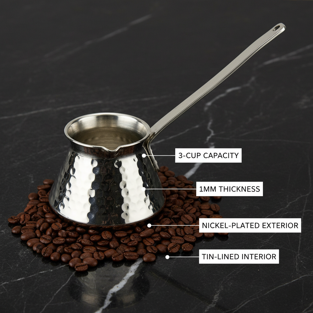 Antep nickel topak copper handle cezve 3-cup flat lay