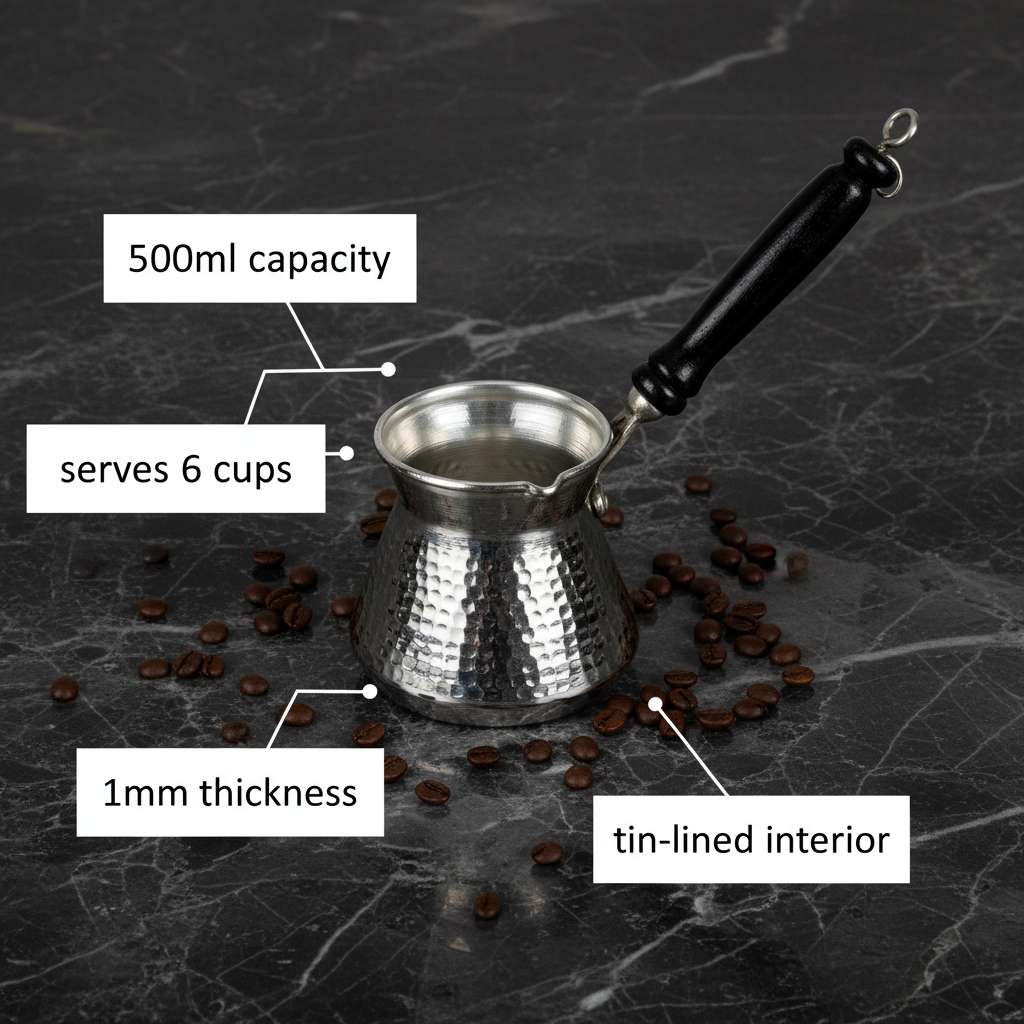 Antep nickel topak 500ml cezve dimensions flat lay