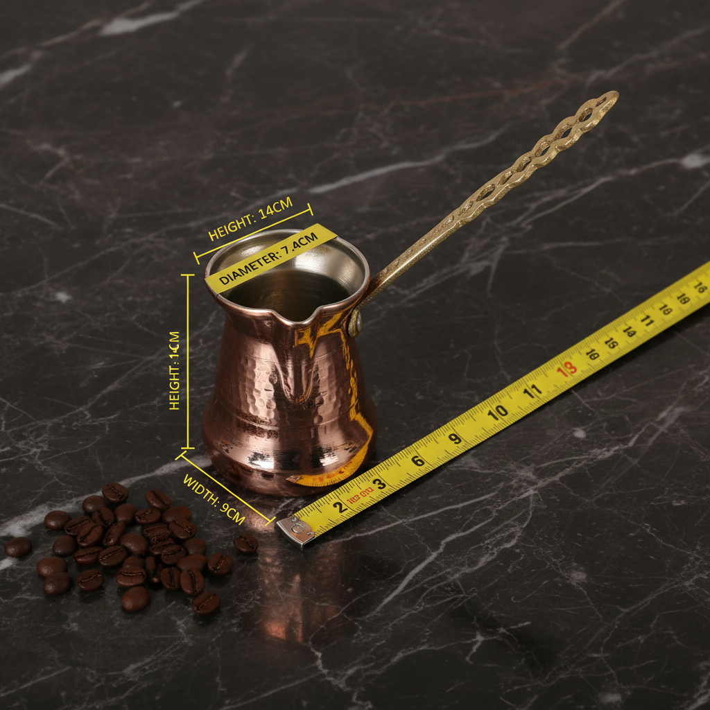 Sultan Thin 200ml brass handle copper cezve dimensions flat lay