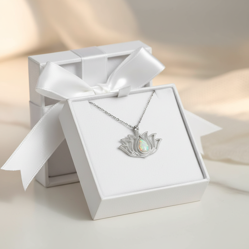 Silver White Opal Stone Lotus Women's Necklace - Gift