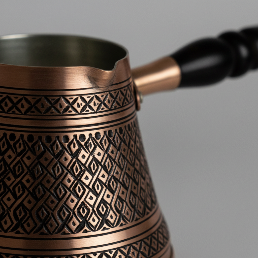 Antep keski diamond copper cezve macro engraving detail