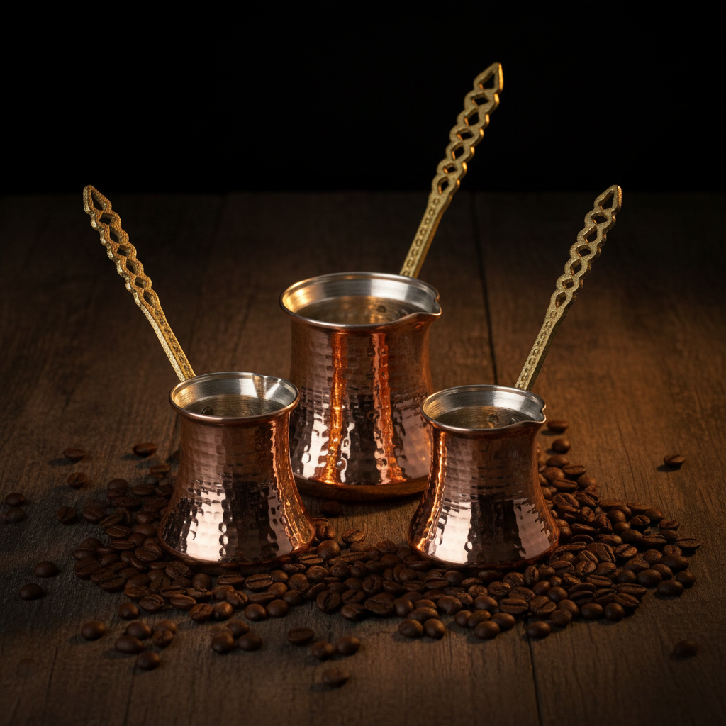 Hammered copper Kervan large cezve set 3-piece lifestyle main photo