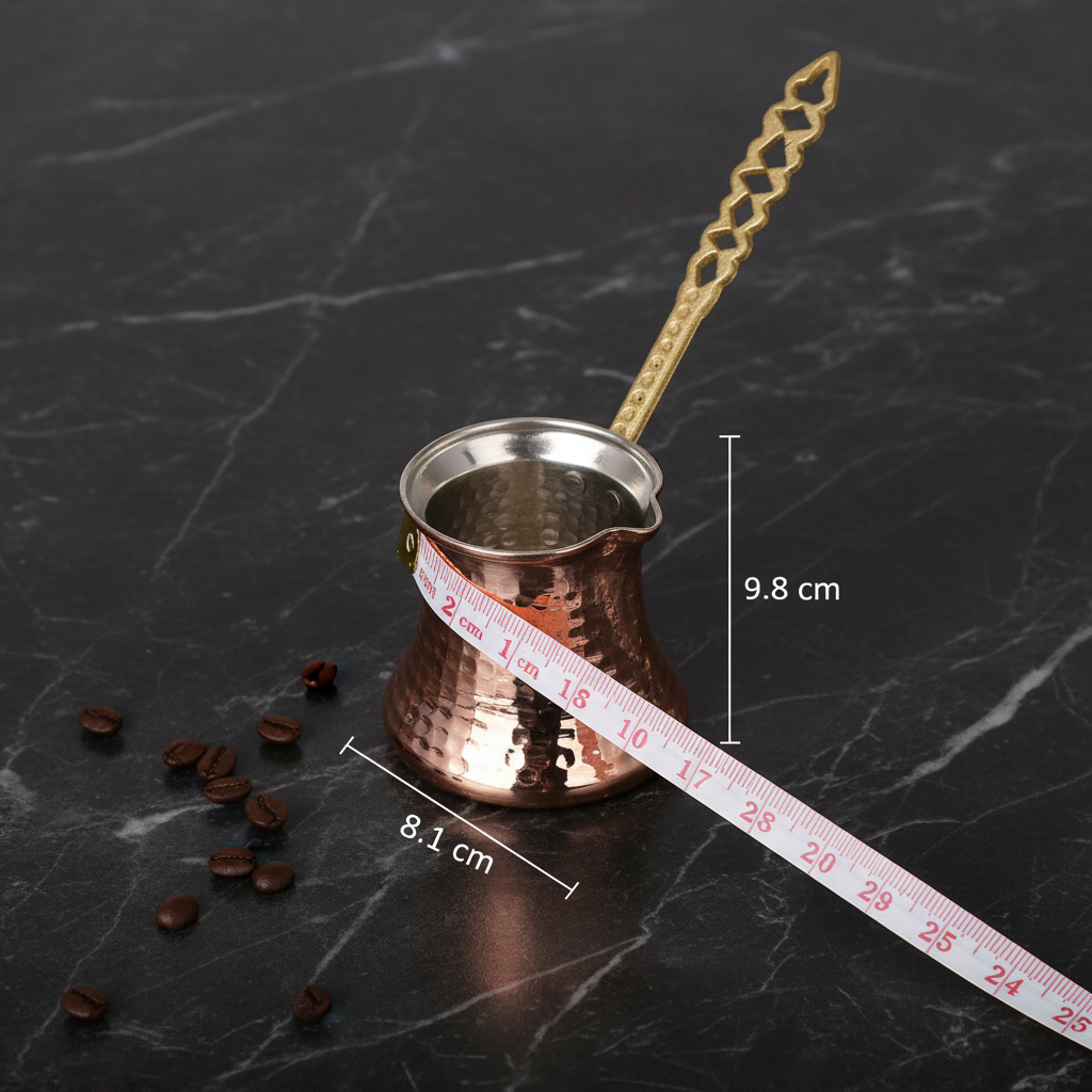 Kervan Thick 430ml copper cezve dimensions flat lay