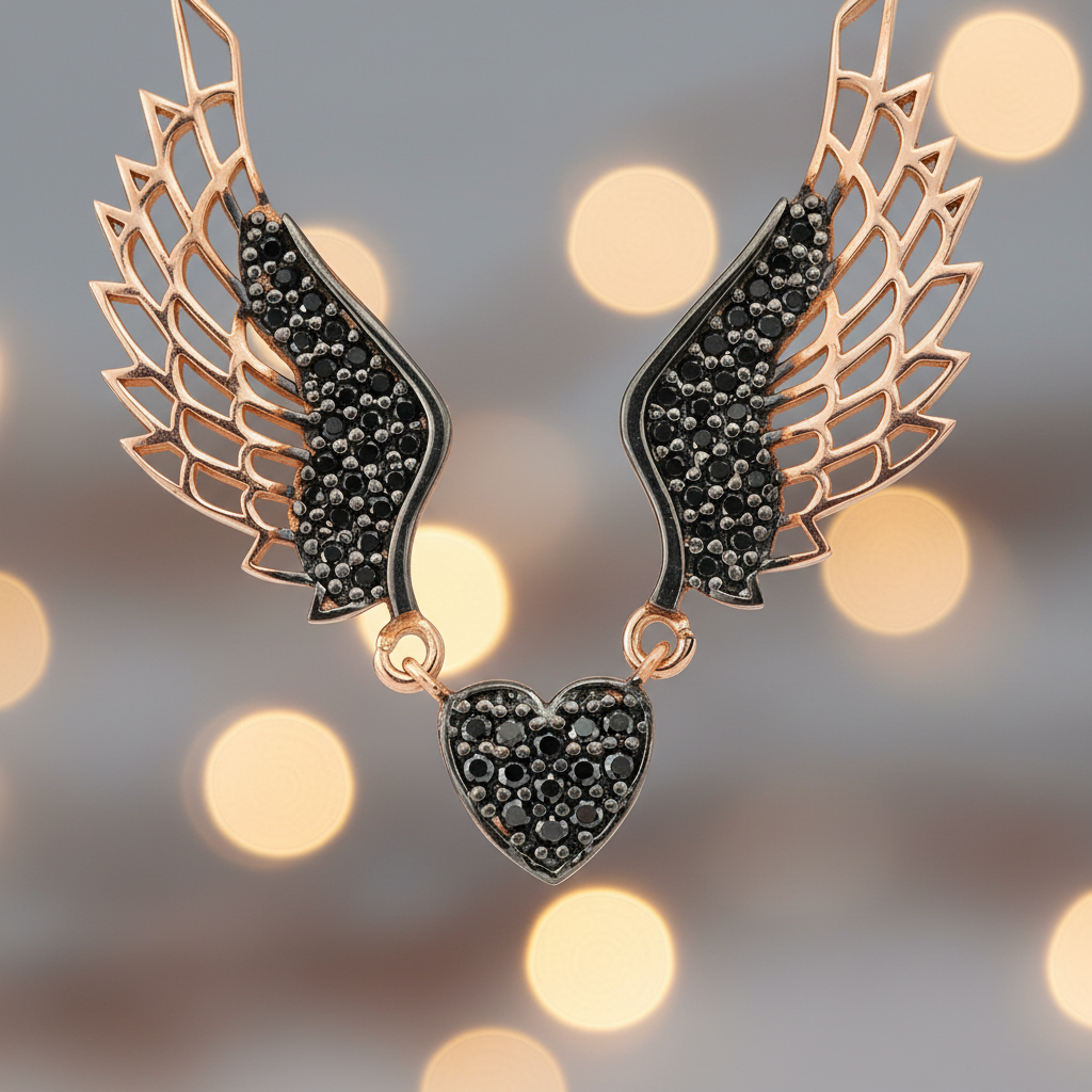 Silver Black Winged Angel Heart Necklace - Macro