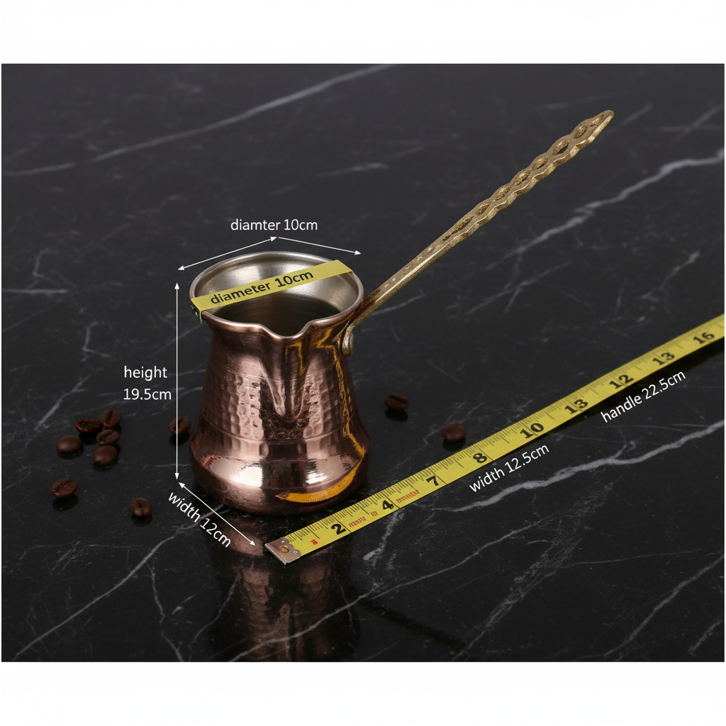 Sultan Thin 550ml brass handle copper cezve dimensions flat lay