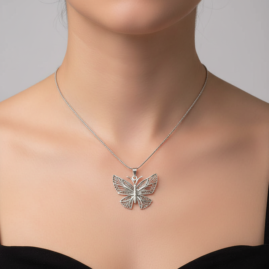Silver Filigree Butterfly Women's Necklace - Model