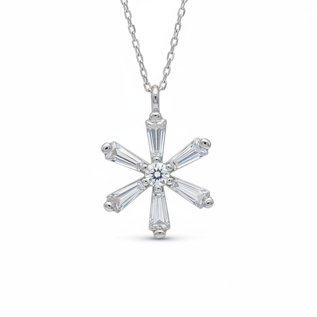 Silver Baguette Stone Flower Women's Necklace - Macro