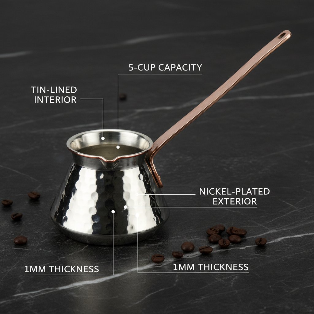 Antep nickel topak copper handle cezve 5-cup flat lay