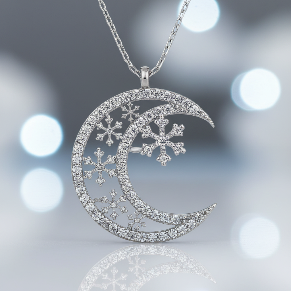 Silver Crescent Moon Snowflake Necklace - Macro