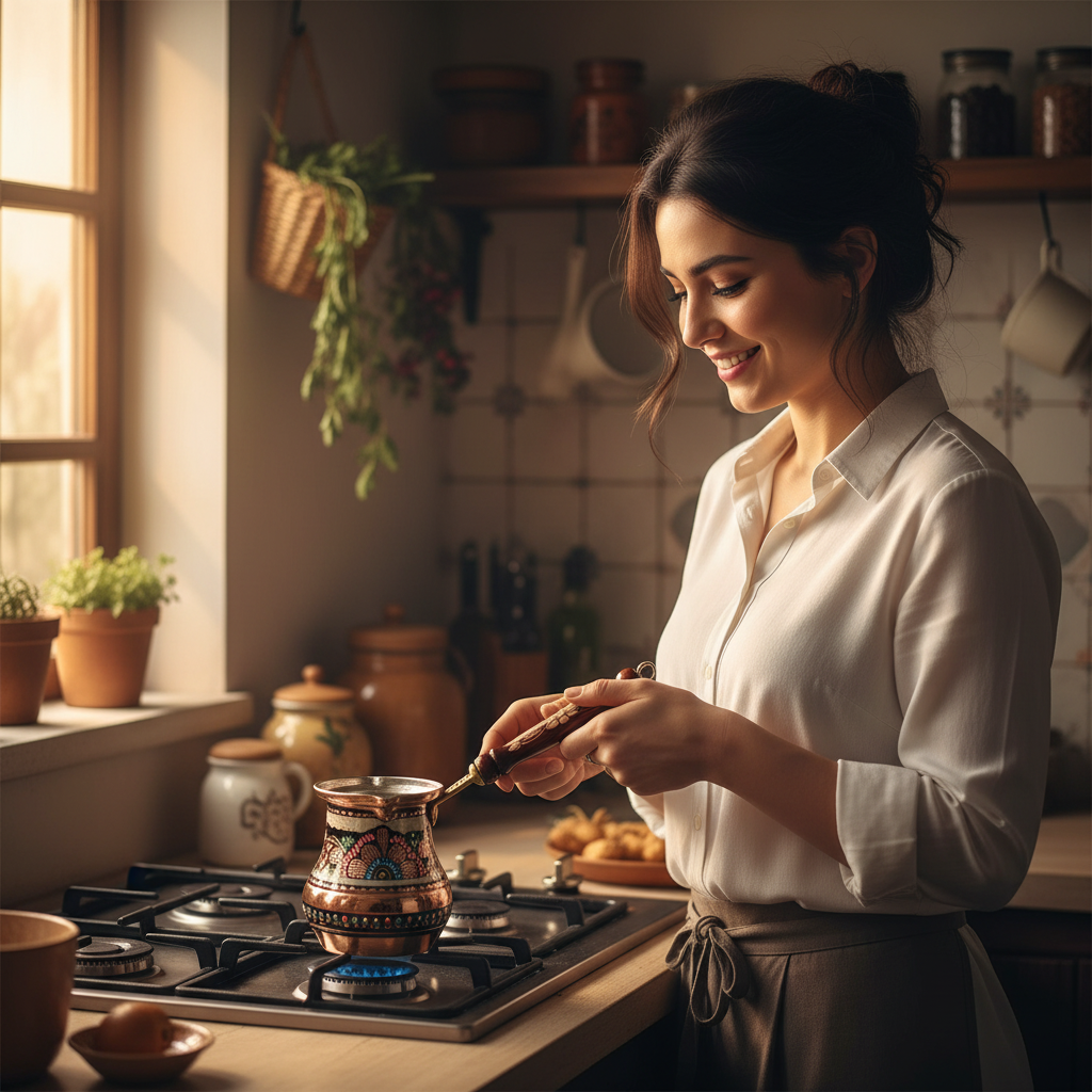 Woman holding Erzincan enamel floral copper cezve on stovetop