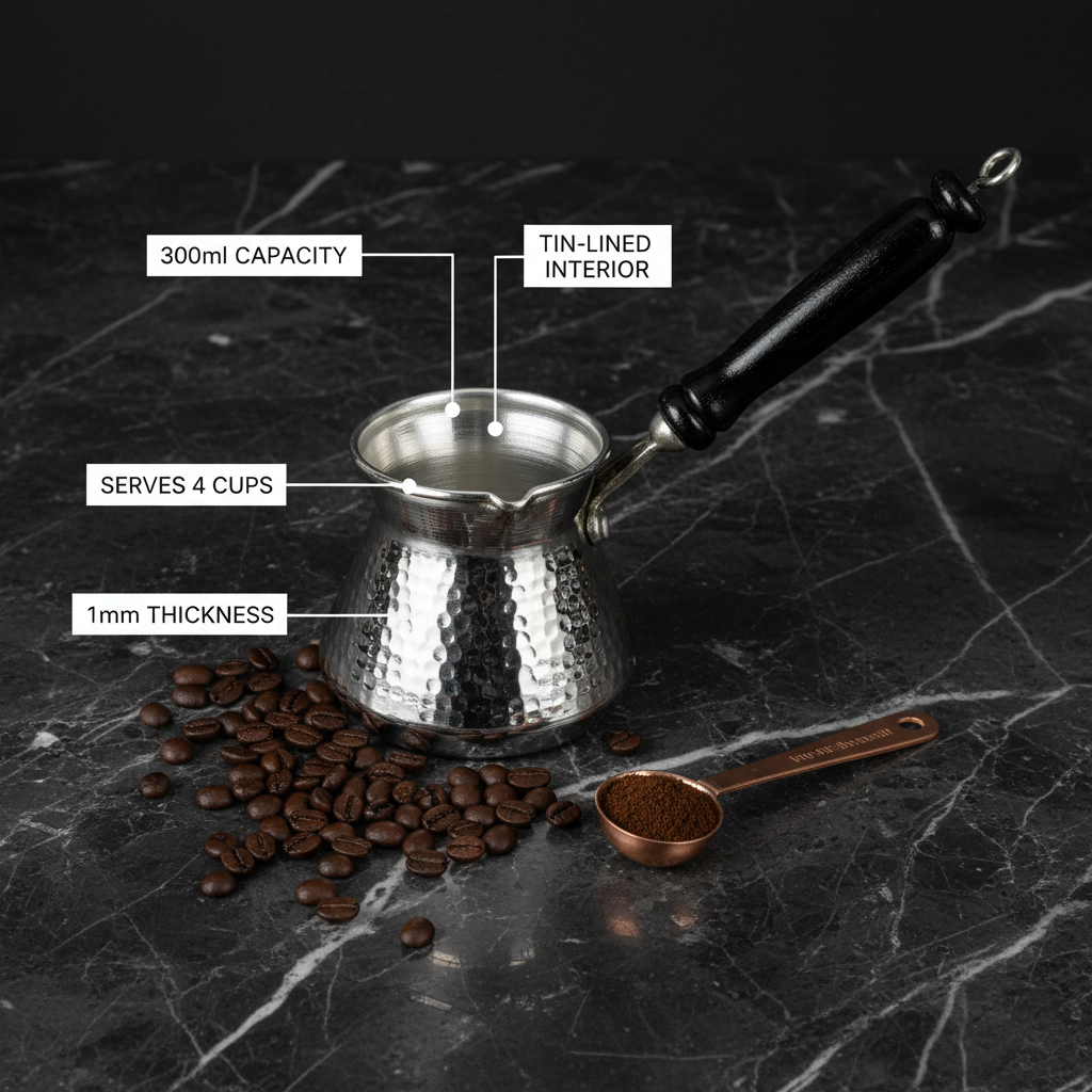Antep nickel topak 300ml cezve dimensions flat lay