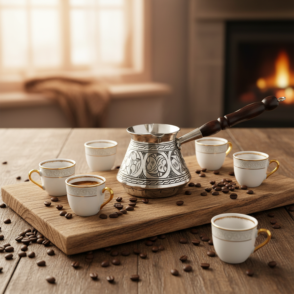 Elit Külhan 580ml copper cezve lifestyle with 6-7 cups