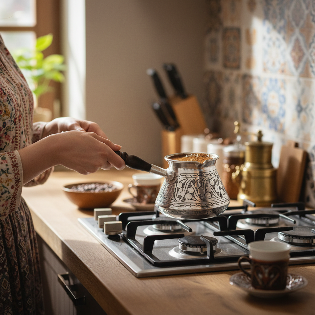 Woman holding Antep eskitme topak cezve 3-cup