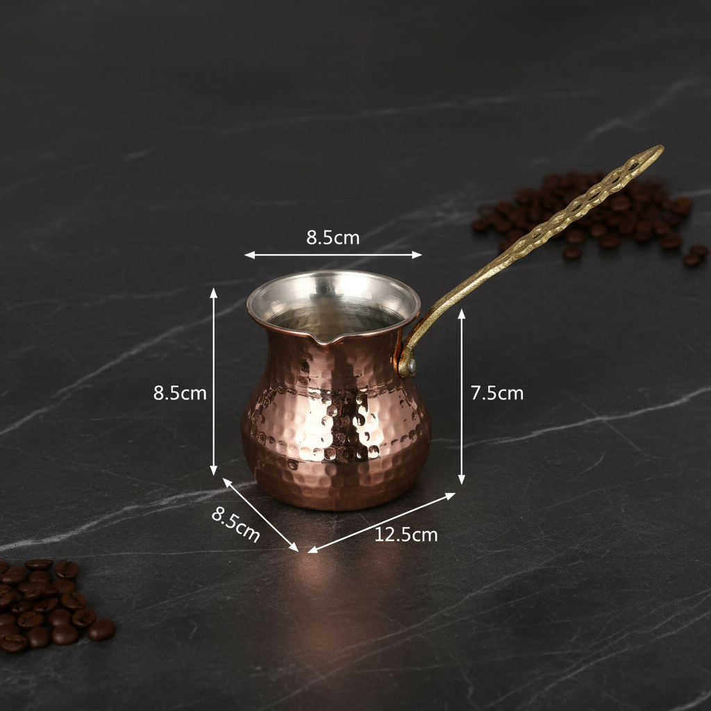 Eylül 230ml copper cezve dimensions flat lay 8.5cm x 12.5cm x 7.5cm handle 14.5cm