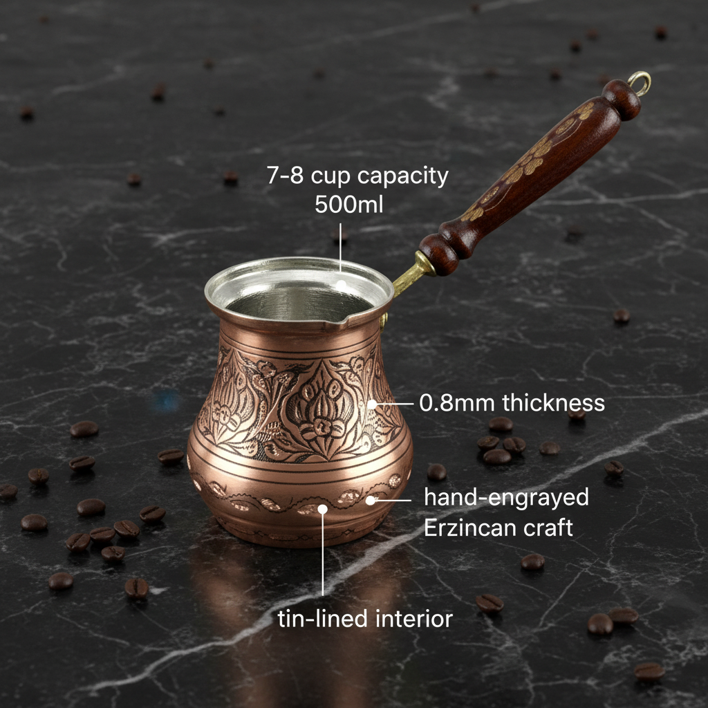 Erzincan floral copper cezve 7-8 cup flat lay dimensions