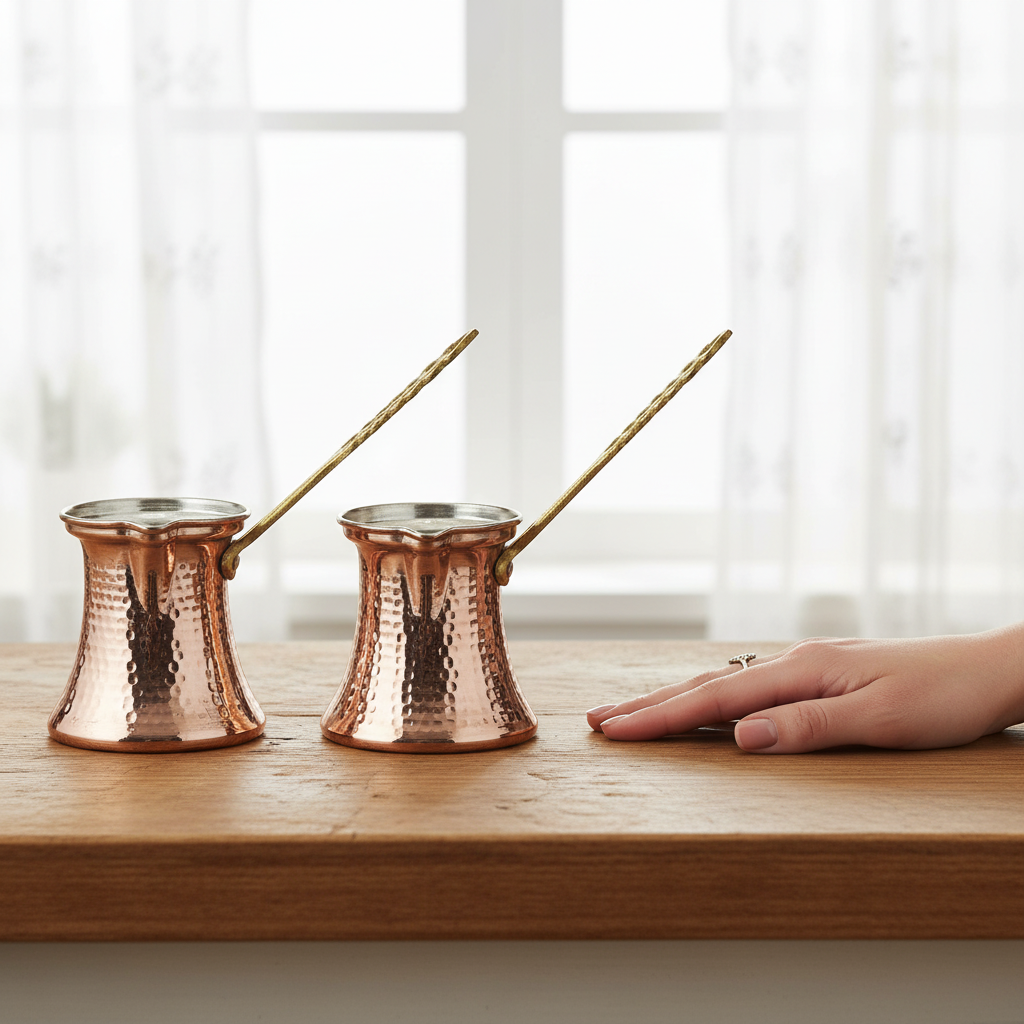 Hammered copper cezve set 3 sizes with hand for scale comparison