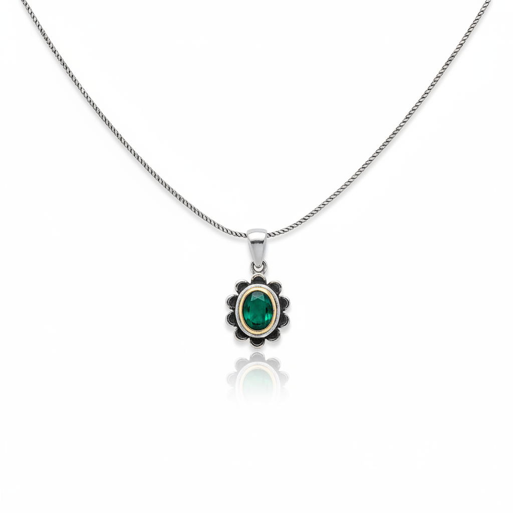 Silver Green Stone Flower Authentic Women's Necklace - White Background
