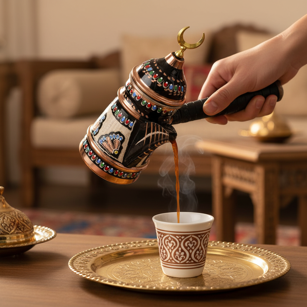 Hand pouring mirra coffee from copper dallah cezve into finjan cup