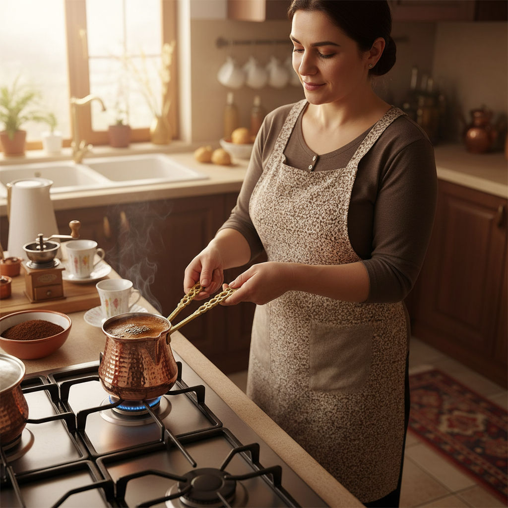 Woman holding Bakir Sutluk 1120ml copper cezve on stovetop
