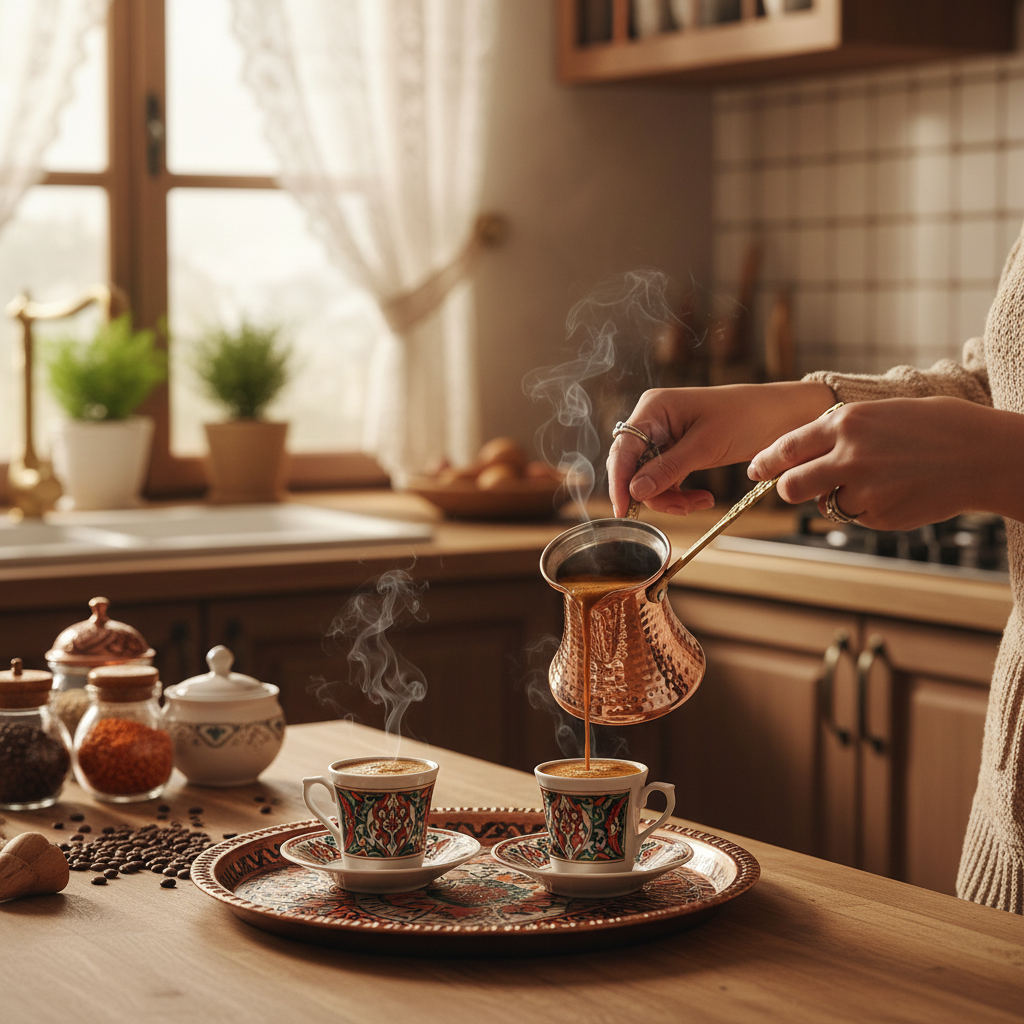 Woman using Kervan 150ml copper cezve