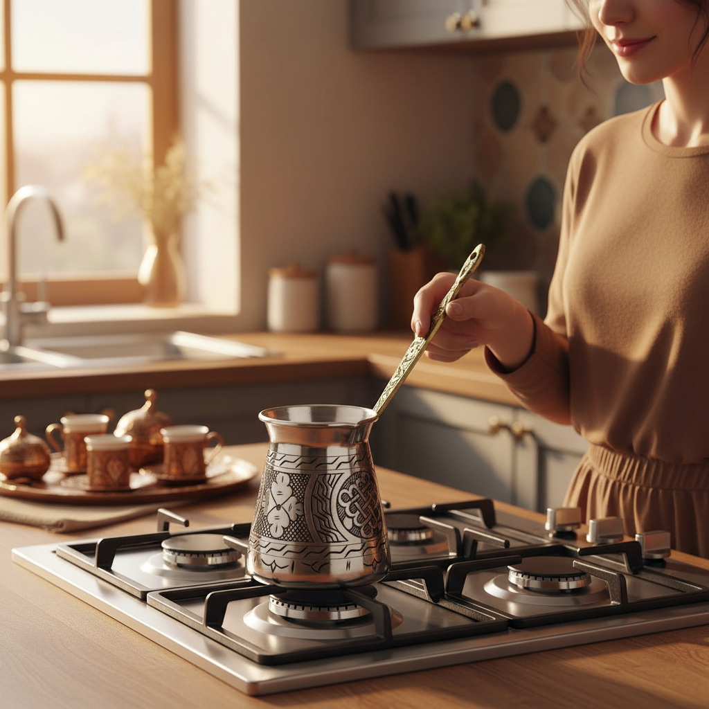 Woman holding Antep keski nickel-plated copper cezve 250ml