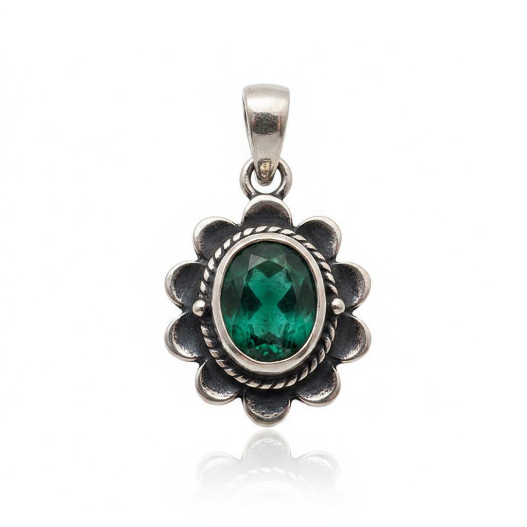 Silver Green Stone Flower Authentic Women's Necklace - Macro
