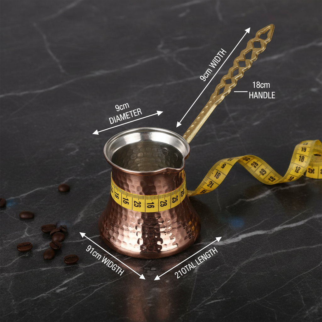 Kervan Thick 320ml copper cezve dimensions flat lay