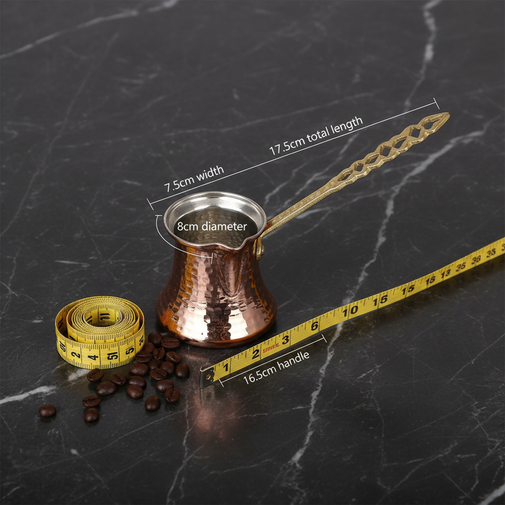 Kervan Thick 190ml copper cezve dimensions flat lay