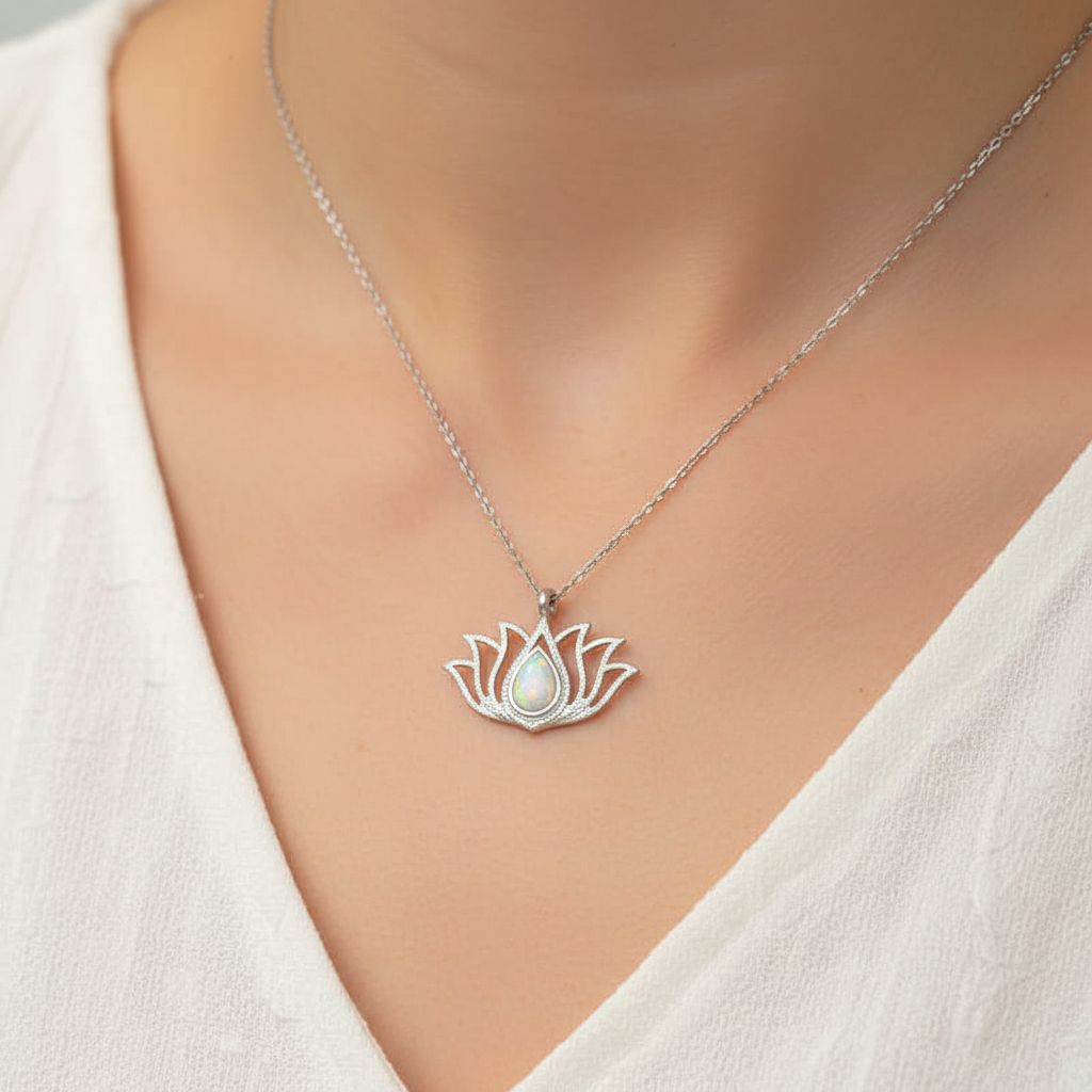 Silver White Opal Stone Lotus Women's Necklace - Model