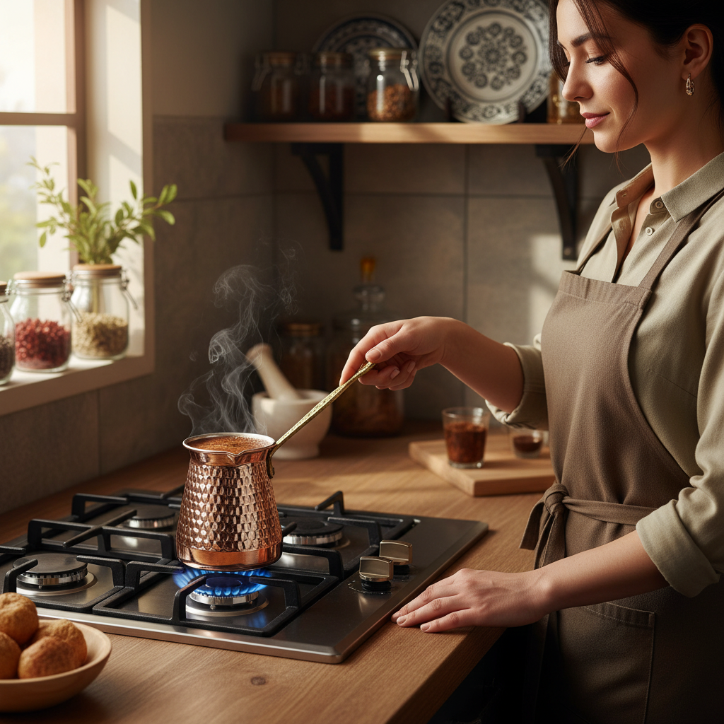Woman holding Antep keski honeycomb copper cezve 3-cup