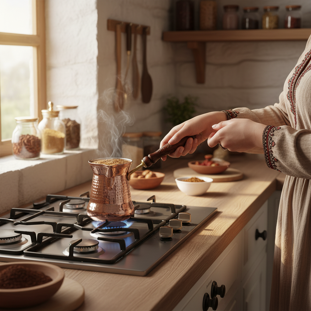 Woman holding Sultan 250ml copper cezve