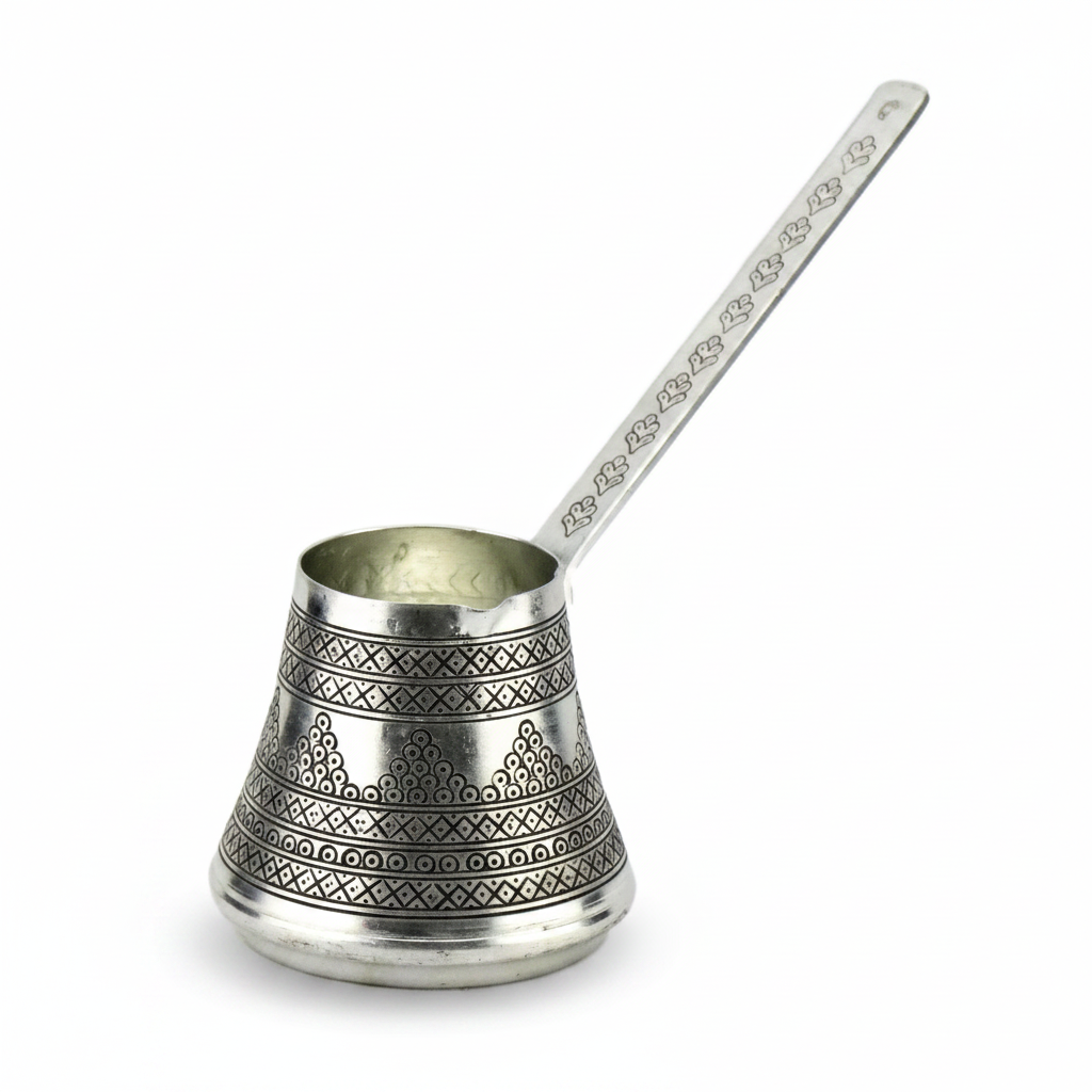 Antep zimba silver copper cezve 3-cup white background