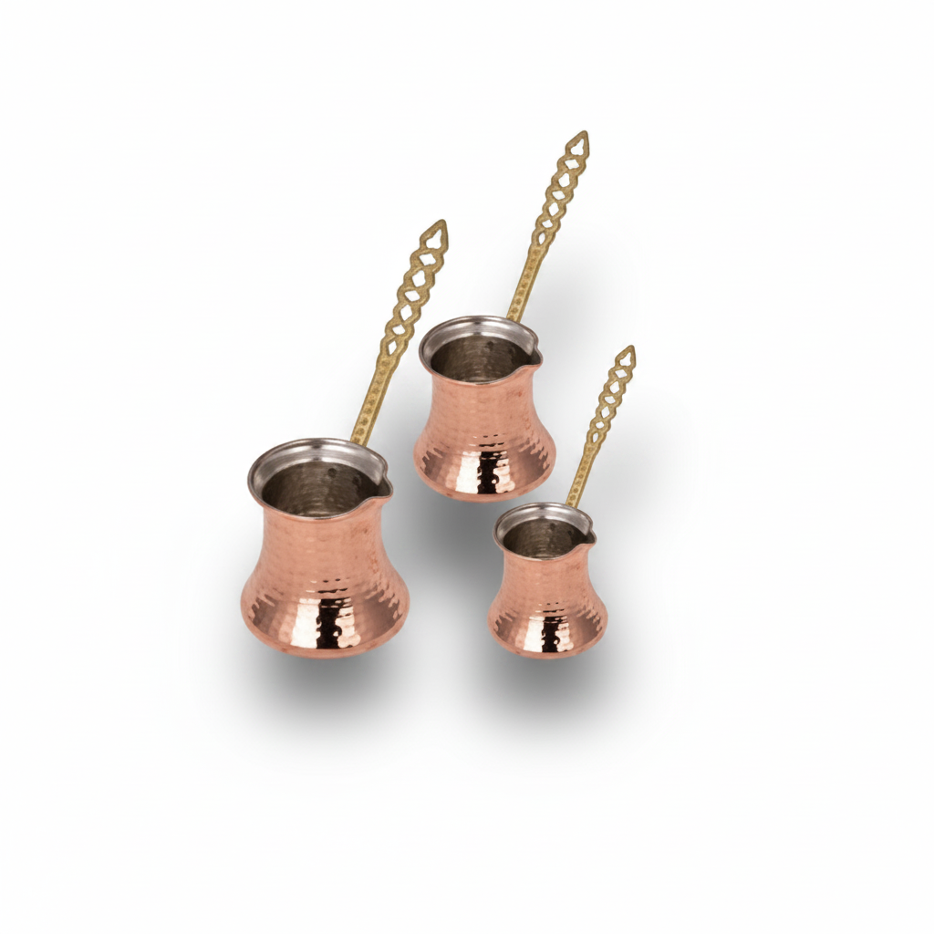 Hammered copper Kervan large cezve set white background