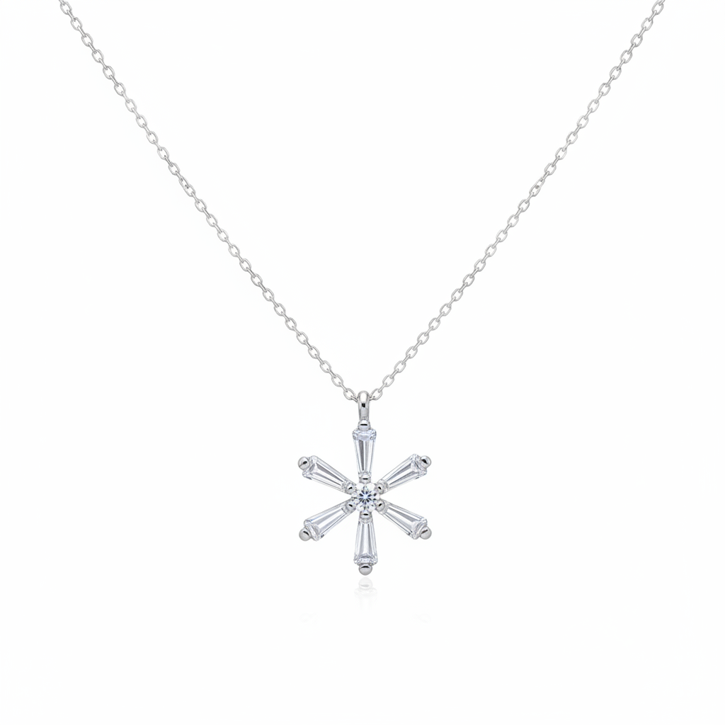 Silver Baguette Stone Flower Women's Necklace - White Background