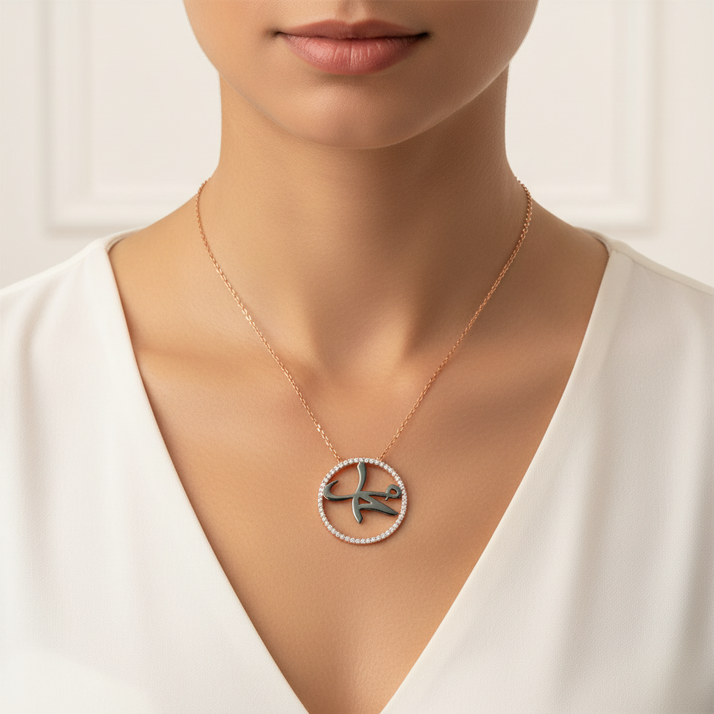 Silver Muhammad Calligraphy Women's Necklace - Model