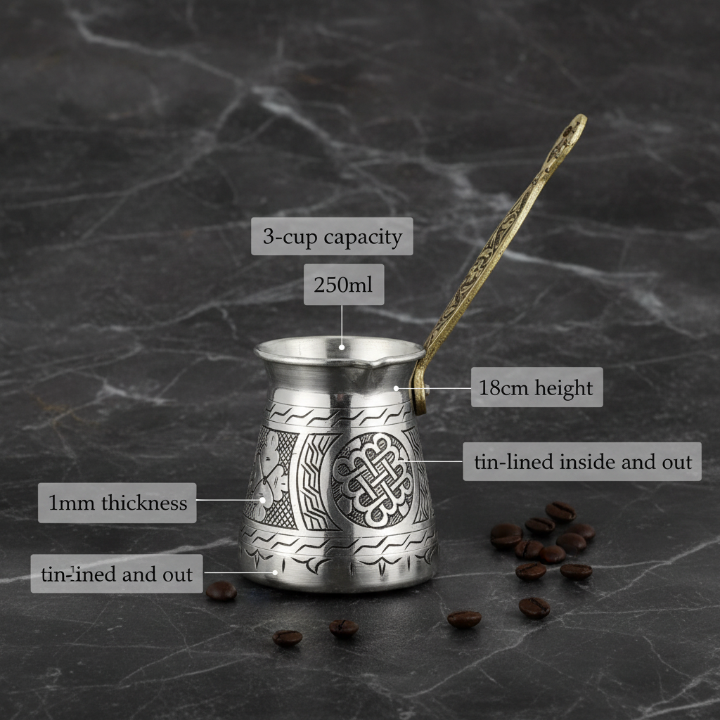 Antep keski nickel-plated copper cezve 250ml flat lay dimensions