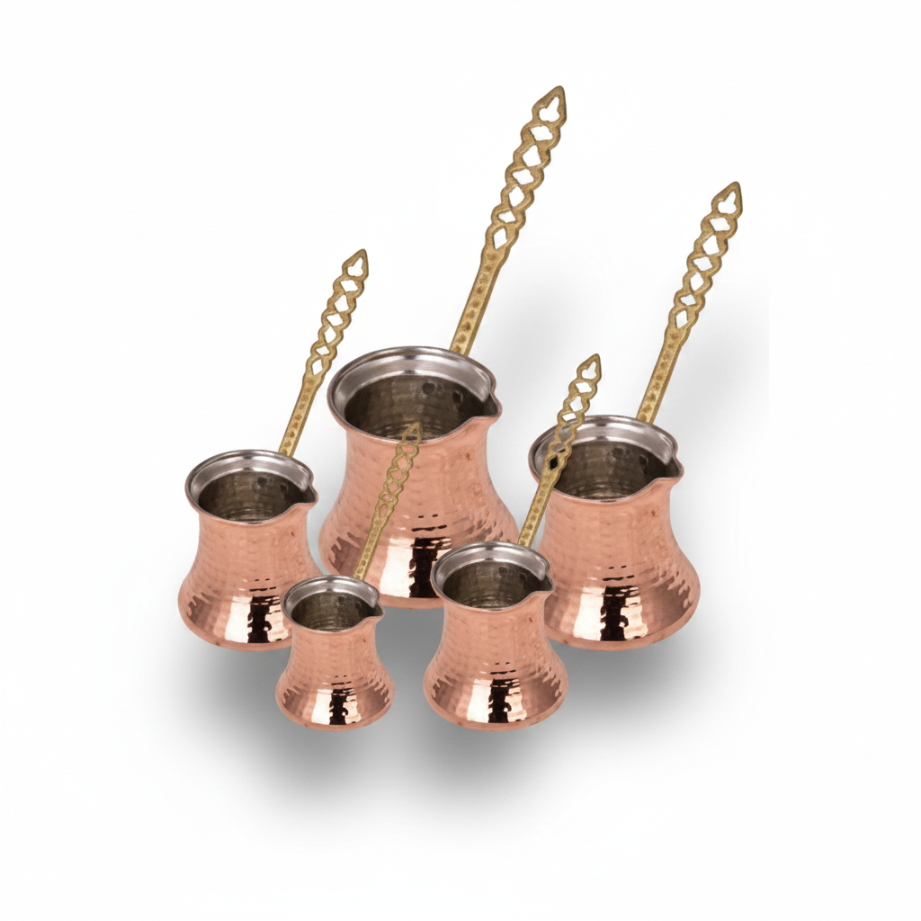 Hammered copper Kervan large cezve set white background