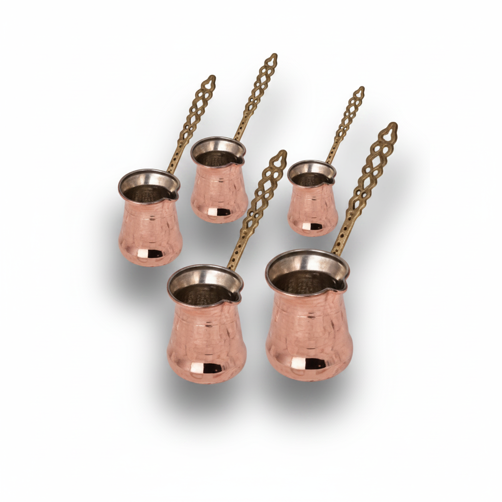 Hammered copper Sultan Turna cezve set white background
