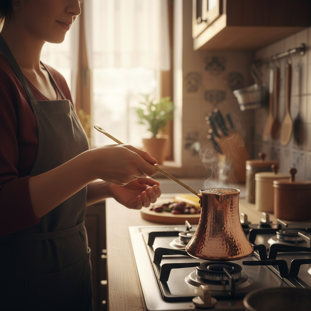 Woman holding Trabzon copper cezve 4-cup