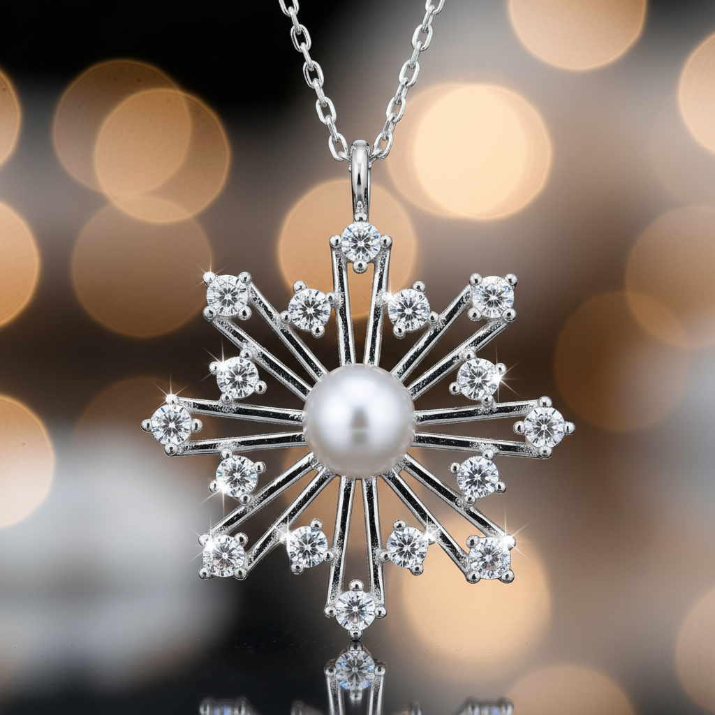 Silver Pearl Snowflake Necklace - Macro