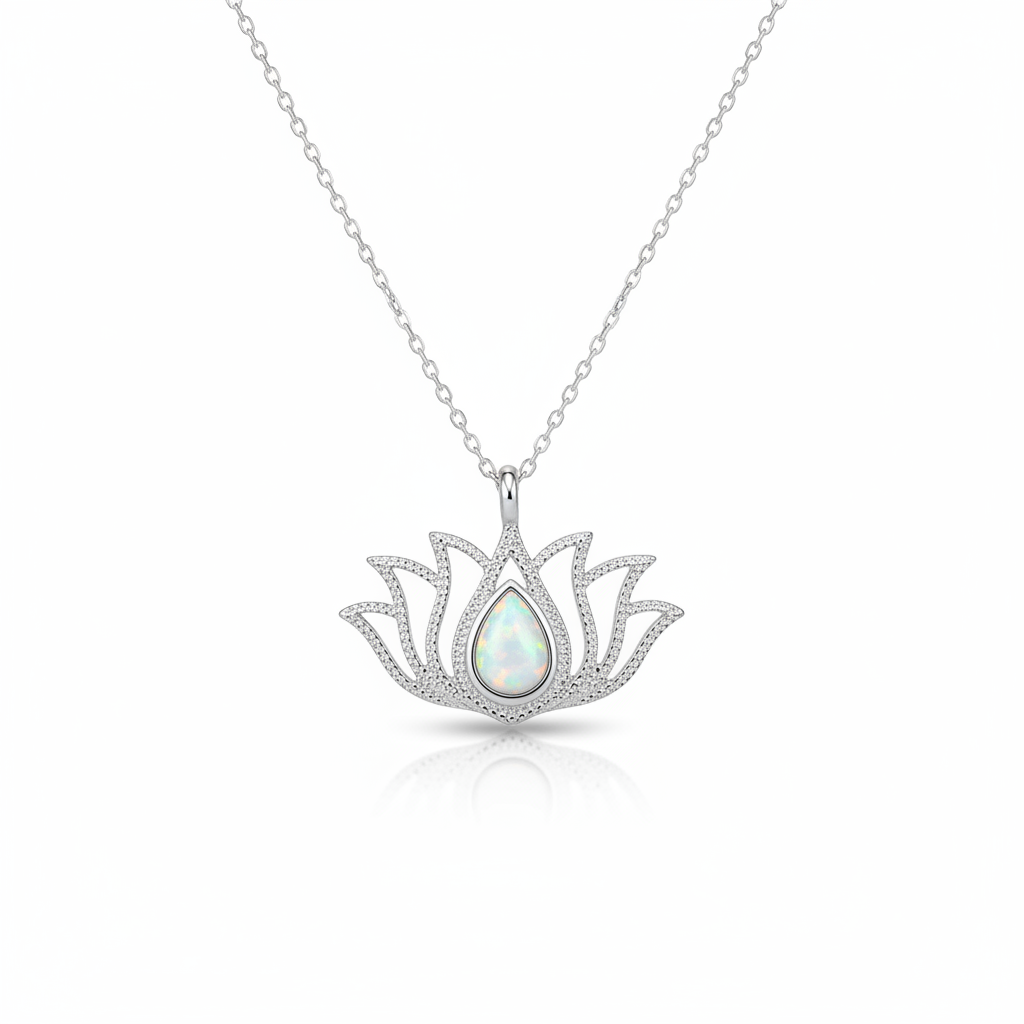 Silver White Opal Stone Lotus Women's Necklace - White Background