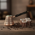 Antep keski copper cezve 4-cup lifestyle with 4 cups