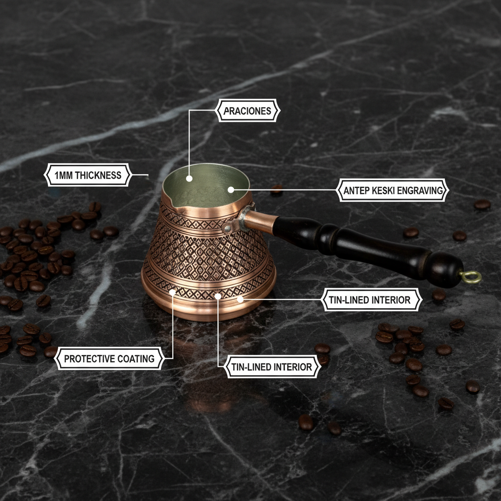 Antep keski diamond copper cezve flat lay dimensions