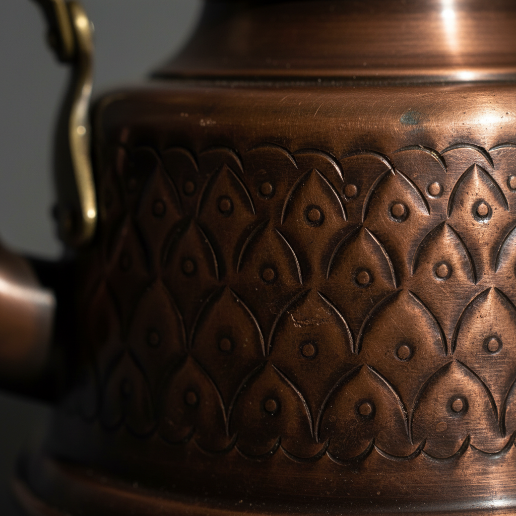 Copper Hand-Engraved Oxide Teapot - Macro Detail