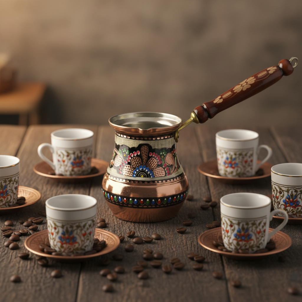 Erzincan enamel floral copper cezve 7-8 cup lifestyle