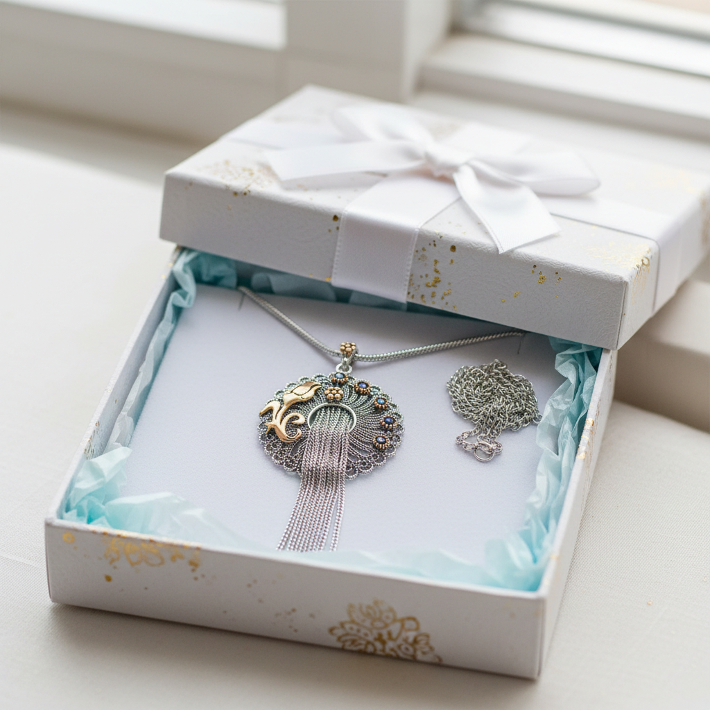 Silver Filigree Blue Stone Necklace - Gift
