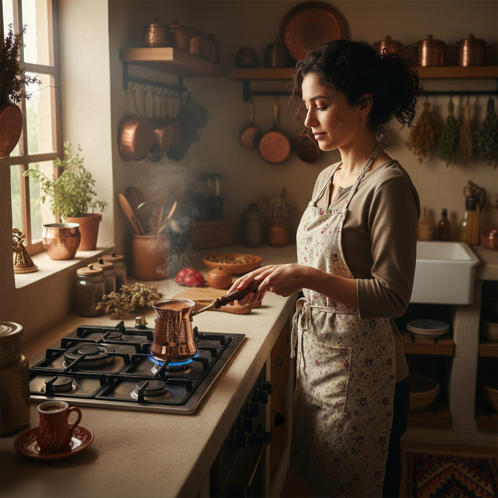 Woman holding Sultan 450ml copper cezve